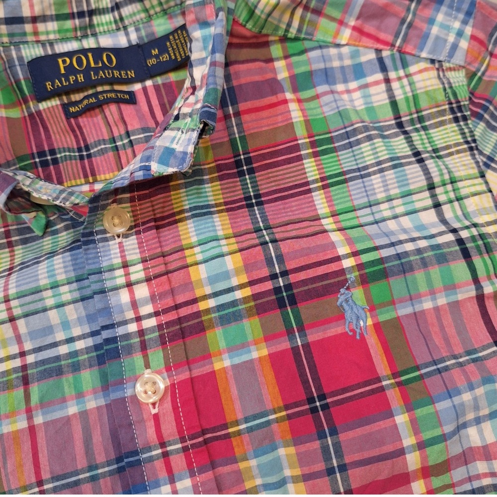 Polo Ralph Lauren Button Down Kids M (10-12) Multi Color Plaid Natural Stretch‎